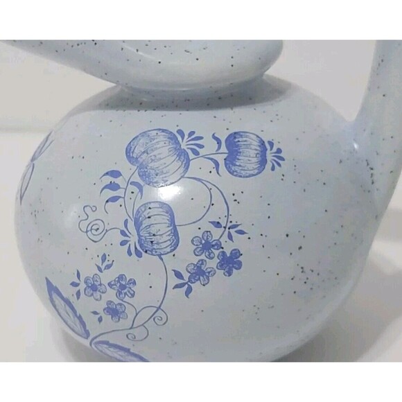 Unusual Pitcher Creamer Honey Pot Blue Speckled W Pumpkins Flowers Marked MPS 6" - Picture 3 of 7